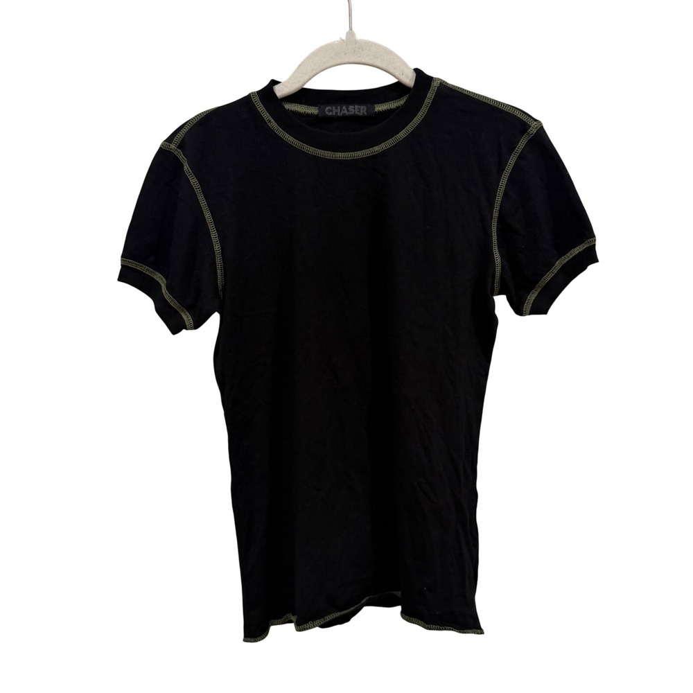 Chaser Black Contrast Olive Green Stitching Short Sleeve Tee Shirt Mens Medium
